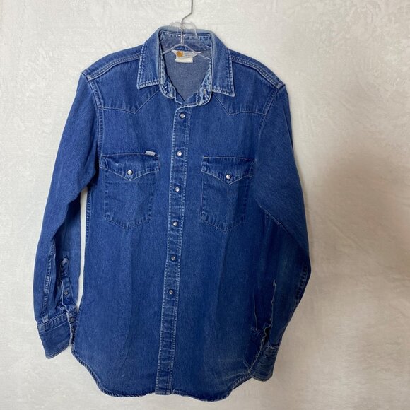 Carhartt VTG Mens‎ Rugged Pearl Snap Denim Shirt L-XL Long Sleeve Brushpopper - Picture 1 of 14